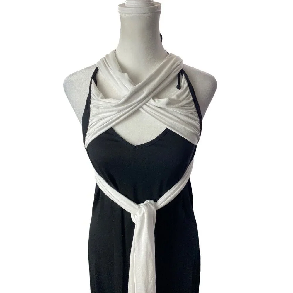 VENUS Women Maxi Dress Size L Black‎ White Halter Wrap Detail Unique 4-8